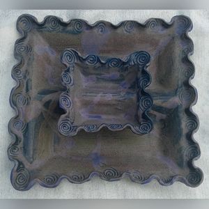 Fun Funky 2 pc Blue Lilac 60s Studio Art Pottery Set Ashtray Chip Dip MCM